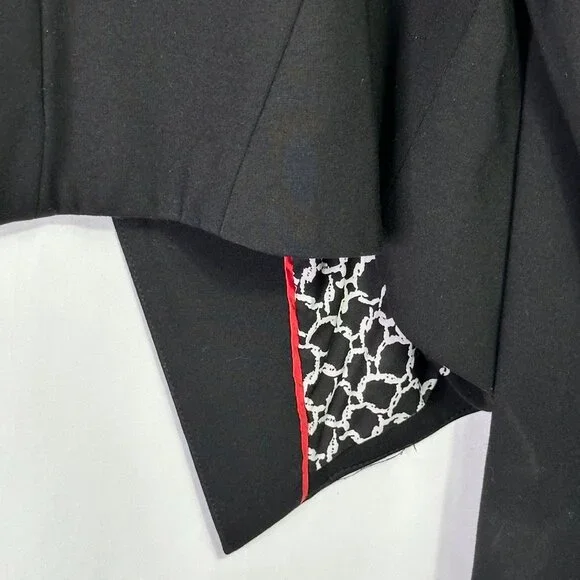 Black Cropped Open Front Blazer Pattern Lining Officecore Quiet Luxury 80's - Picture 3 of 7